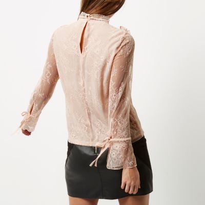 Pink lace frill flared sleeve top